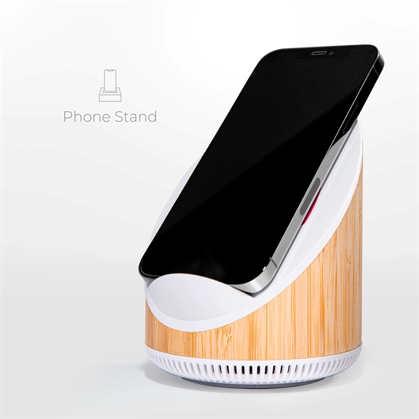 A wireless charging phone stand with a built in Bluetooth speaker... from ASI 91435 Tomax USA / Tomax