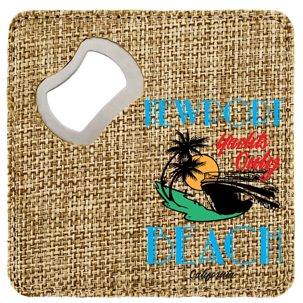 Custom Sublimated 4" x 4" Square Burlap Bottle Opener. Bright and... from ASI 62635 Inno-Vative Solutions Grp LTD