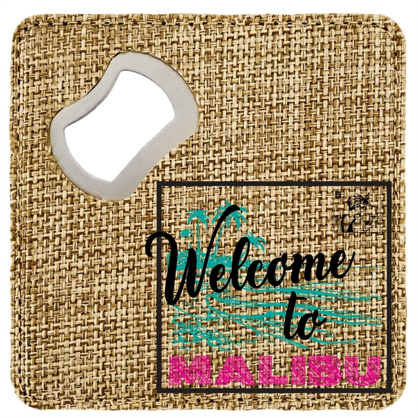 Custom Sublimated 4" x 4" Square Burlap Bottle Opener. Bright and... from ASI 62635 Inno-Vative Solutions Grp LTD