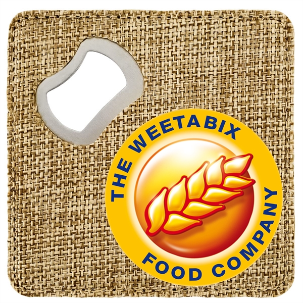 Custom Sublimated 4" x 4" Square Burlap Bottle Opener. Bright and... from ASI 62635 Inno-Vative Solutions Grp LTD