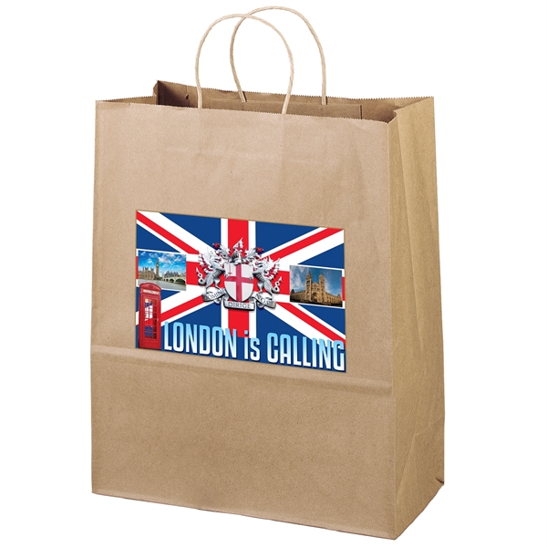 Eco-friendly brown kraft paper shopper with twisted paper handles and serrated... from ASI 37940 Bag Makers Inc