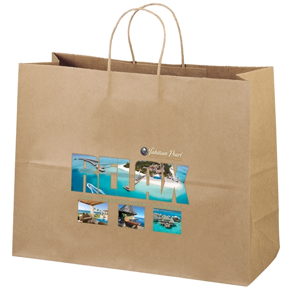 Eco-friendly brown kraft paper shopper with twisted paper handles and serrated... from ASI 37940 Bag Makers Inc