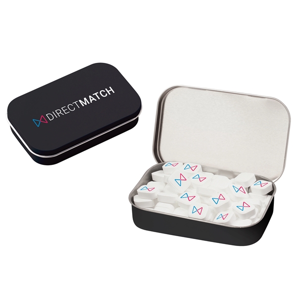 Large hinged tin filled with printed sugar-free peppermints... from ASI 71685 Midnite Snax®