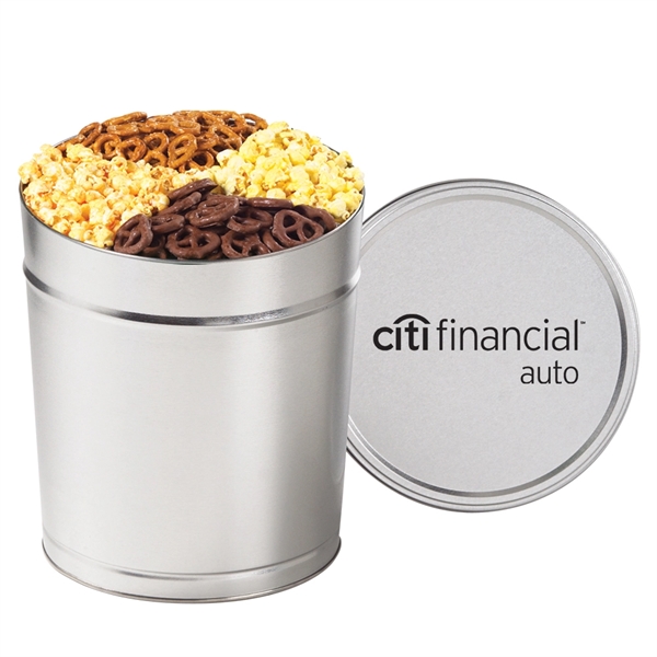 3.5 gallon ultimate snack tin filled with flavored popcorn, mini pretzels... from ASI 71685 Midnite Snax®