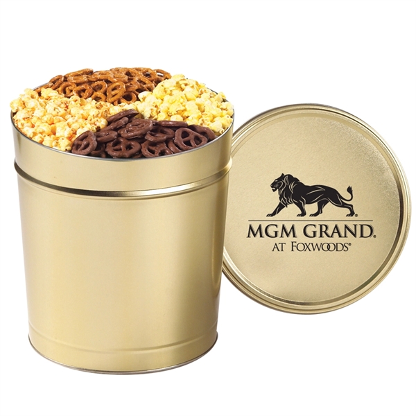 3.5 gallon ultimate snack tin filled with flavored popcorn, mini pretzels... from ASI 71685 Midnite Snax®