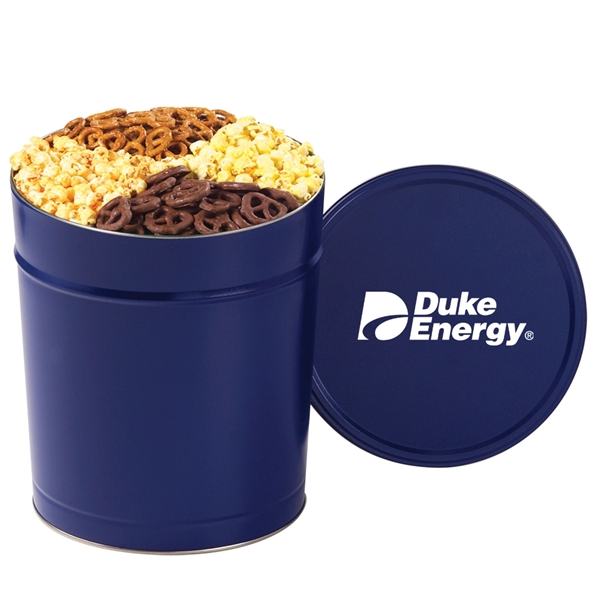 3.5 gallon ultimate snack tin filled with flavored popcorn, mini pretzels... from ASI 71685 Midnite Snax®