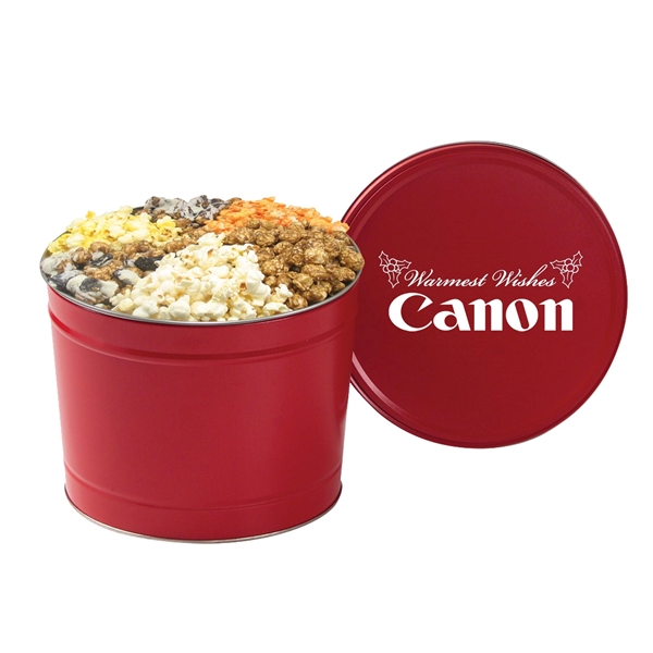 6 Way popcorn sampler in a two gallon tin with classic... from ASI 71685 Midnite Snax®