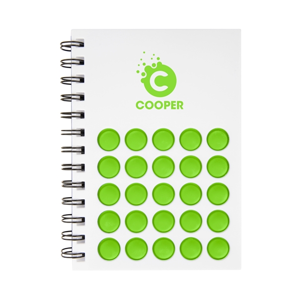 7" x 5.25" 50-page double spiral-bound notebook with silicone PushPop fidget... from ASI 61125 Hit Promotional Products / Hit®
