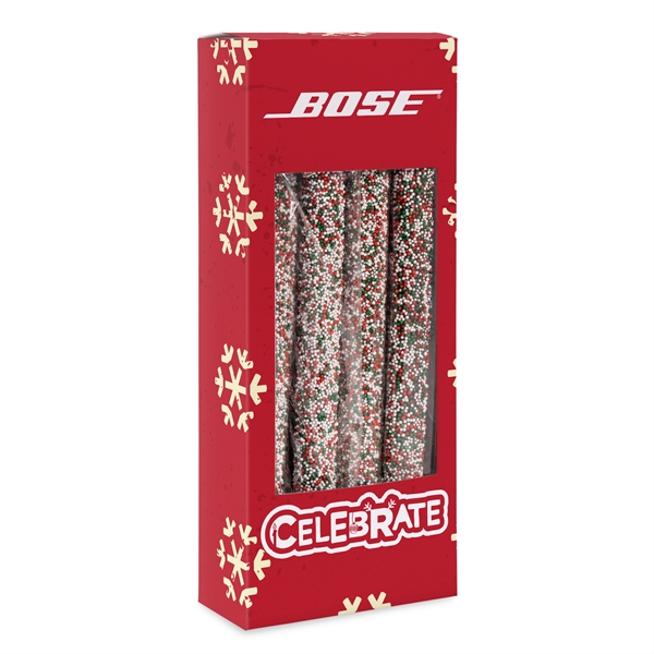 Holiday Chocolate Dipped Non Pareil Pretzel Rods... from ASI 44900 NC Custom (CI/Lanco) / Chocolate Inn