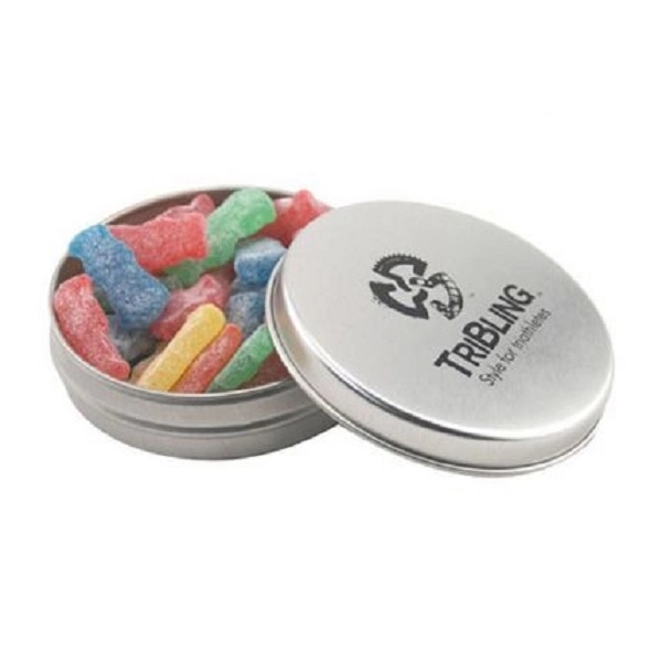 Round tin with tin top, filled with sour patch kids.... from ASI 44900 NC Custom (CI/Lanco) / Chocolate Inn