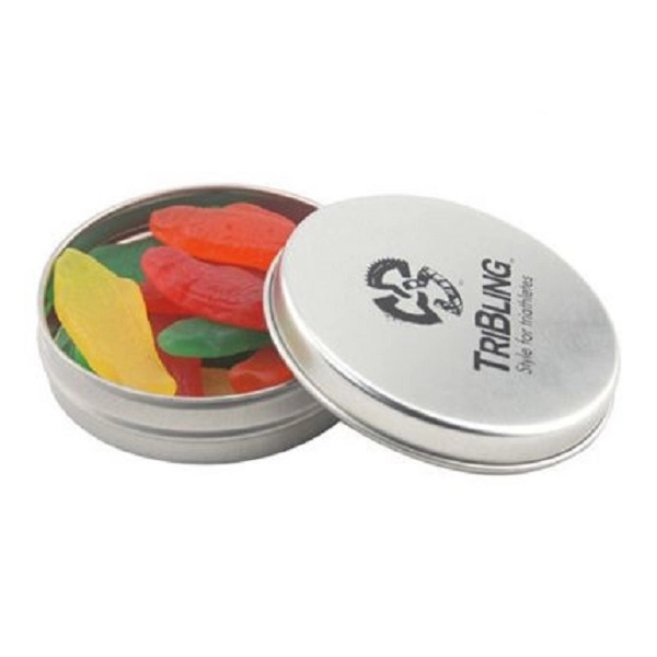 Round tin with tin top, filled with Swedish Fish.... from ASI 44900 NC Custom (CI/Lanco) / Chocolate Inn