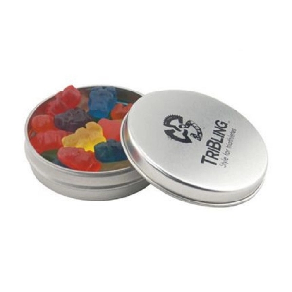 Round tin with tin top, filled with sour patch kids.... from ASI 44900 NC Custom (CI/Lanco) / Chocolate Inn