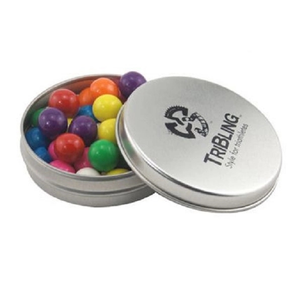 Round tin with tin top, filled with Gumballs... from ASI 44900 NC Custom (CI/Lanco) / Chocolate Inn