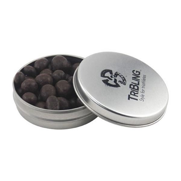 Round tin with tin top, filled with Chocolate Espresso Beans... from ASI 44900 NC Custom (CI/Lanco) / Chocolate Inn