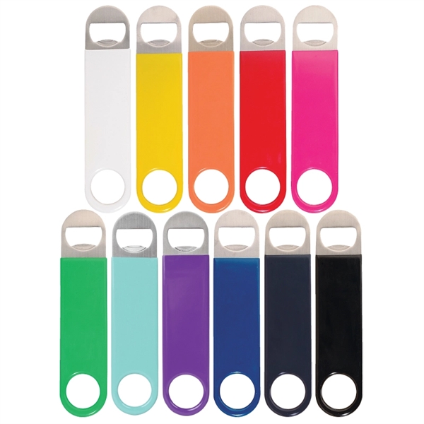 Paddle style bottle opener made of stainless steel, wrapped in colored... from ASI 57655 STOPNGO Line