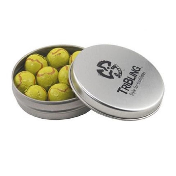 Round tin with tin top, filled with Chocolate Tennis Balls... from ASI 44900 NC Custom (CI/Lanco) / Chocolate Inn