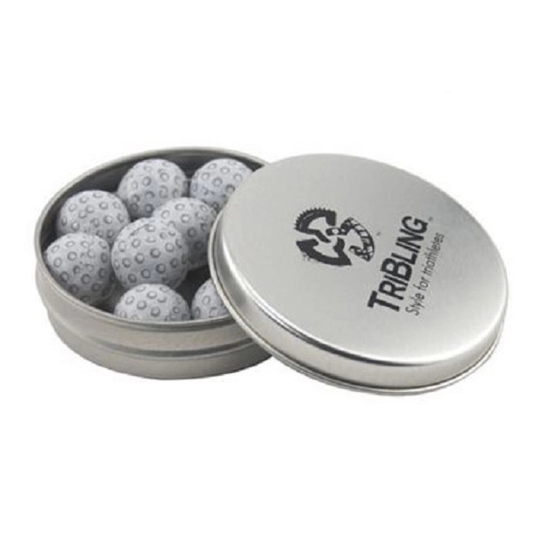 Round tin with tin top, filled with Chocolate Golf Balls... from ASI 44900 NC Custom (CI/Lanco) / Chocolate Inn