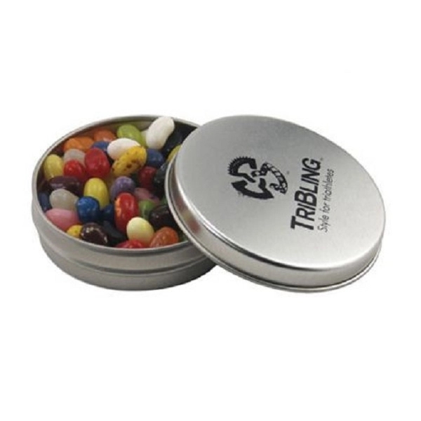 Round tin with tin top, filled with Jelly Bellies... from ASI 44900 NC Custom (CI/Lanco) / Chocolate Inn