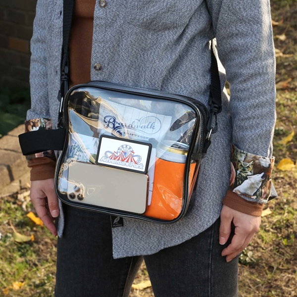 A clear crossbody tote with an adjustable strap, a quality zipper... from ASI 61966 HPG / Best Promotions USA