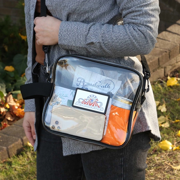 A clear crossbody tote with an adjustable strap, a quality zipper... from ASI 61966 HPG / Best Promotions USA