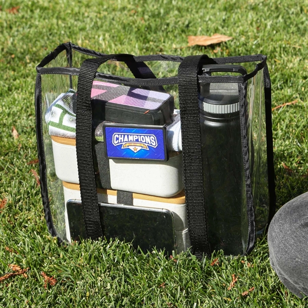 A clear PVC tote with sleek black nylon trim and heavy-duty... from ASI 61966 HPG / Best Promotions USA