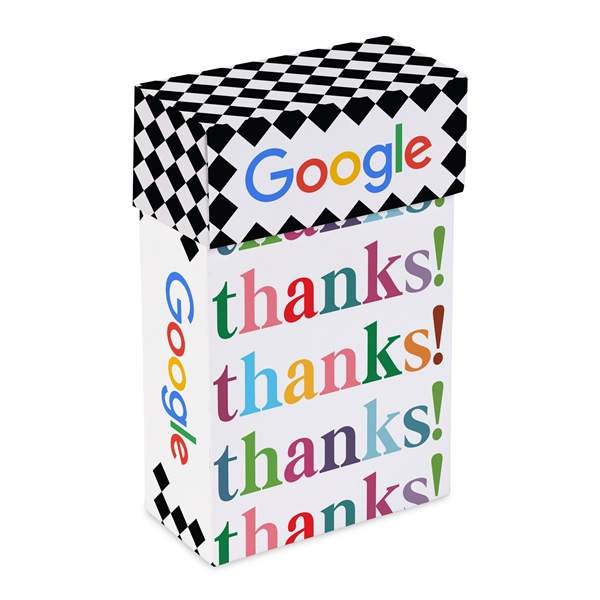 Flip top box with candy cane, peppermint bark shapes and gingerbread... from ASI 44900 NC Custom (CI/Lanco) / Chocolate Inn