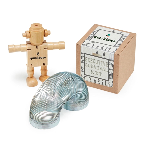 Executive survival kit with a 2" metal spring and robodroid wooden... from ASI 63549 Jornik Manufacturing Corp
