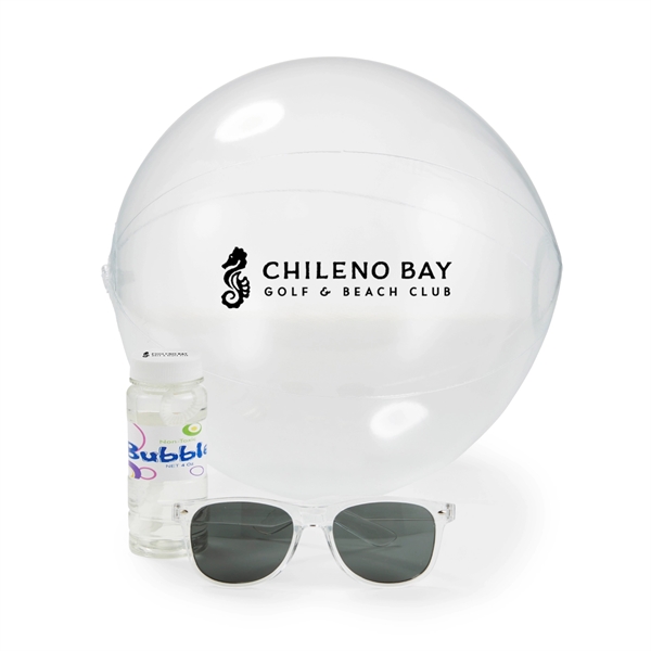 Outdoor beach kit with a pair of sunglasses, bottle of bubbles... from ASI 63549 Jornik Manufacturing Corp