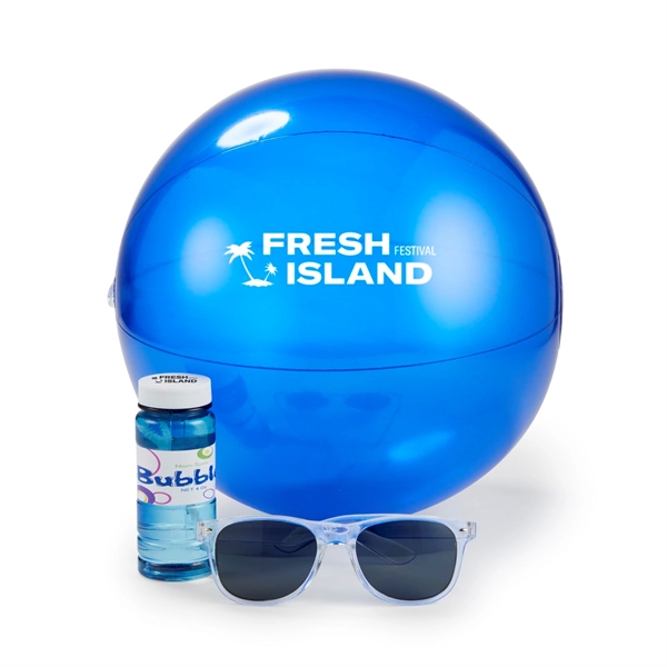 Outdoor beach kit with a pair of sunglasses, bottle of bubbles... from ASI 63549 Jornik Manufacturing Corp
