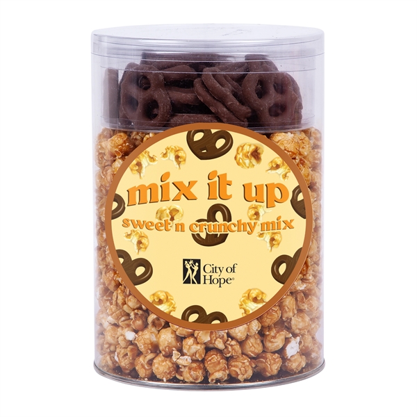 Caramel popcorn and mini milk chocolate pretzels in an acetate tube... from ASI 44900 NC Custom (CI/Lanco)