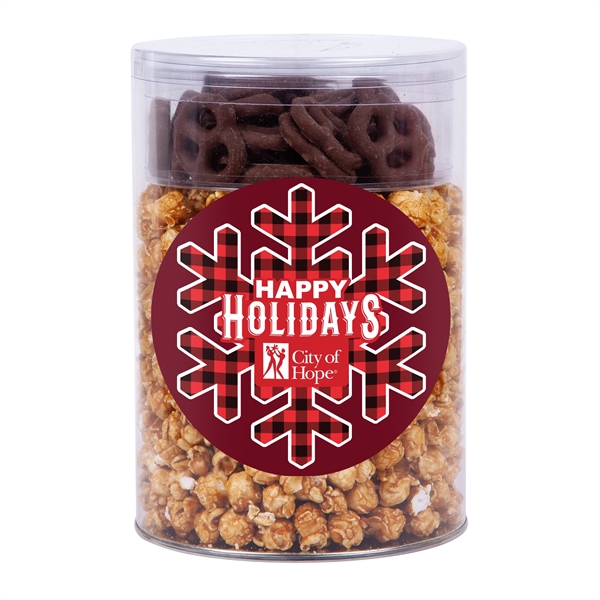 Caramel popcorn and mini milk chocolate pretzels in an acetate tube... from ASI 44900 NC Custom (CI/Lanco)