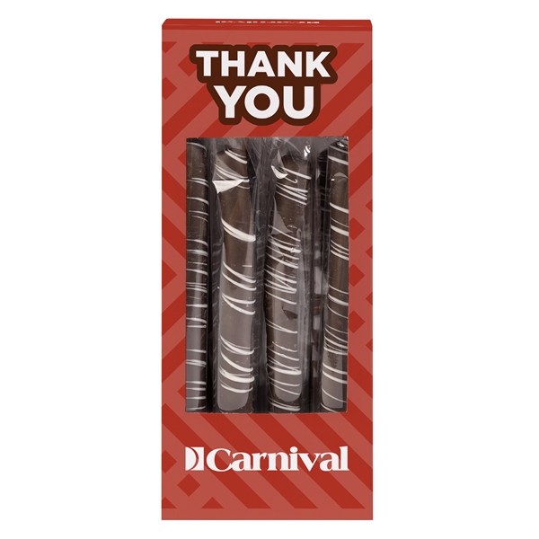 Pretzel rod box with dark chocolate pretzels.... from ASI 44900 NC Custom (CI/Lanco) / Chocolate Inn