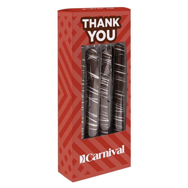 Pretzel rod box with dark chocolate pretzels.... from ASI 44900 NC Custom (CI/Lanco) / Chocolate Inn