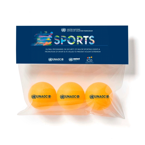 Three pack of packaged ping pong balls with full color header... from ASI 63549 Jornik Manufacturing Corp