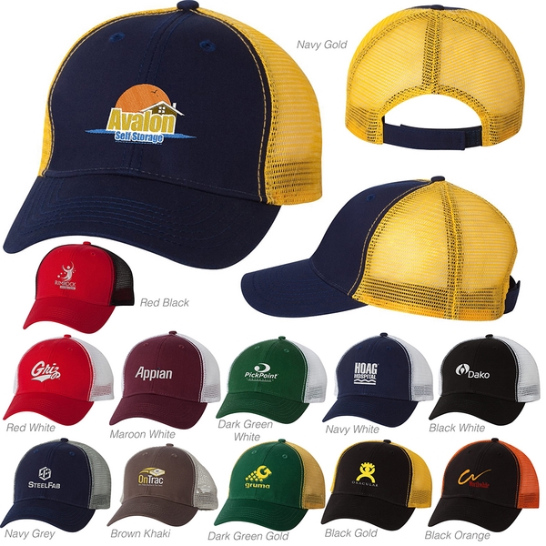 Trucker cap with a 100% polyester mesh back, ventilated mesh sides... from ASI 88060 Snugz/USA Inc