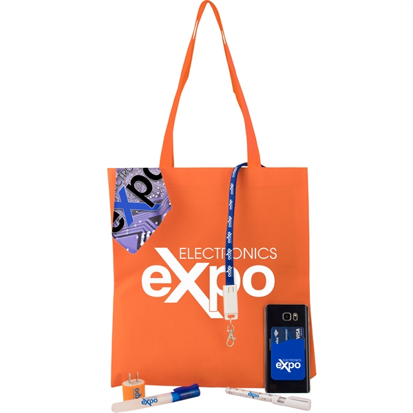 Trade show kit with a tote bag, 3-in-1 USB charging lanyard,... from ASI 57653 Gold Bond