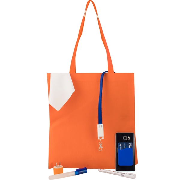 Trade show kit with a tote bag, 3-in-1 USB charging lanyard,... from ASI 57653 Gold Bond