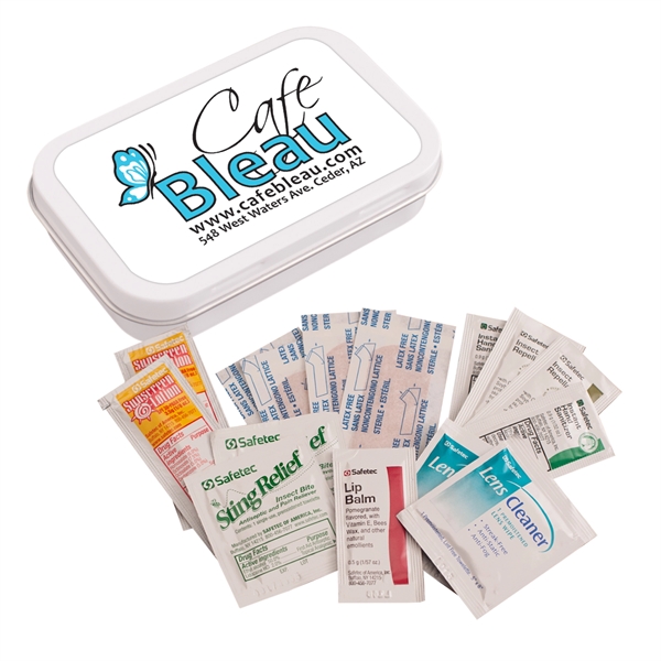 Tin with packets of sunscreen lotion (2), lip moisturizer (1), instant... from ASI 61125 Hit Promotional Products / Hit®