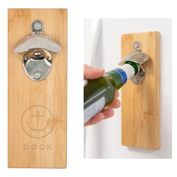 8.25" x 3" bamboo wood wall-mounted bottle opener with magnets and... from ASI 61125 Hit Promotional Products / Hit®