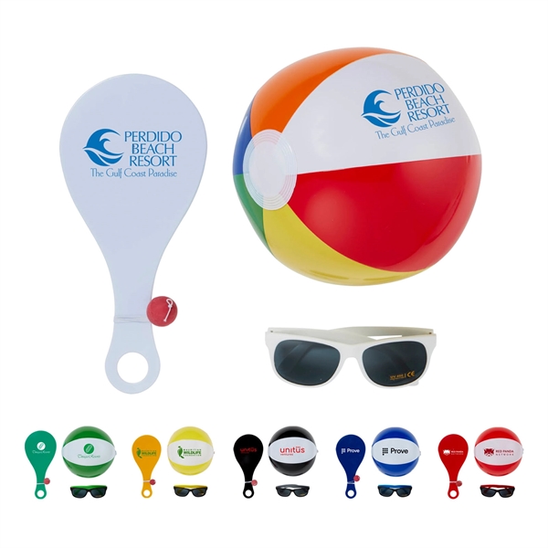 Outdoor paddleball kit with 12" two-tone beach ball and sunglasses in... from ASI 63549 Jornik Manufacturing Corp