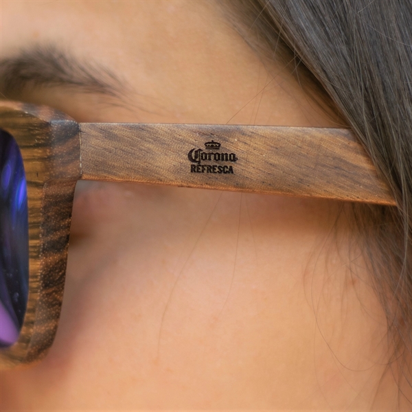 Oak wood sunglasses with blue lenses and polarized UV400 sun protection.... from ASI 72657 Active Life Promo / Ingrain Promo