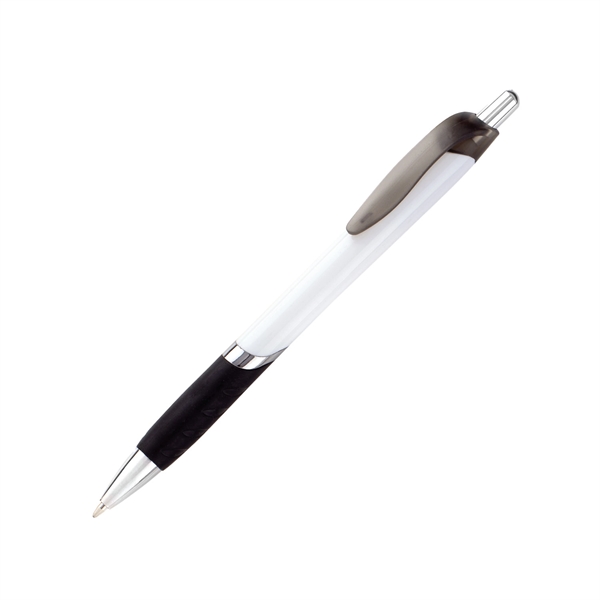 Retractable plastic pen - white barrel- chrome tip, ring and plunger-... from ASI 44368 ZZ DROPPED -Cedar Crest Manufacturing / Cedar Crest