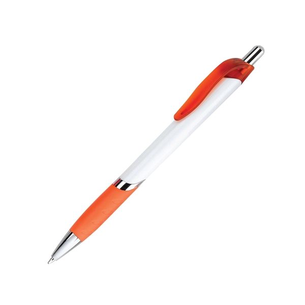 Retractable plastic pen - white barrel- chrome tip, ring and plunger-... from ASI 44368 ZZ DROPPED -Cedar Crest Manufacturing / Cedar Crest