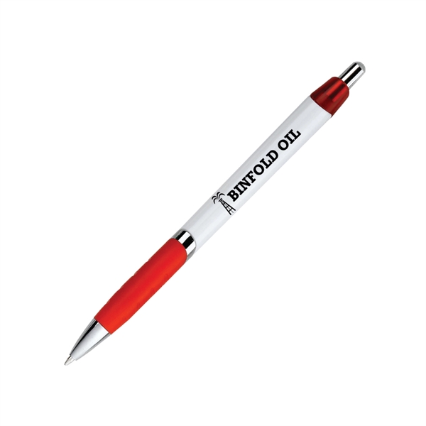 Retractable plastic pen - white barrel- chrome tip, ring and plunger-... from ASI 44368 ZZ DROPPED -Cedar Crest Manufacturing / Cedar Crest