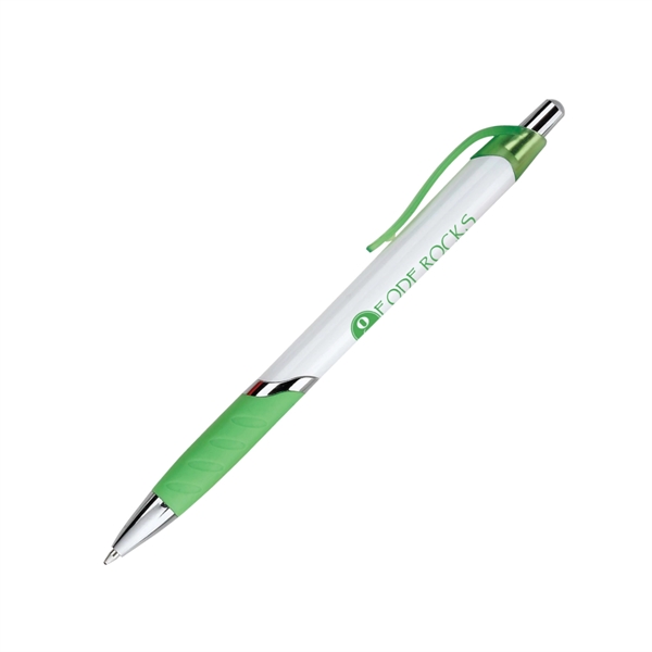 Retractable plastic pen - white barrel- chrome tip, ring and plunger-... from ASI 44368 ZZ DROPPED -Cedar Crest Manufacturing / Cedar Crest
