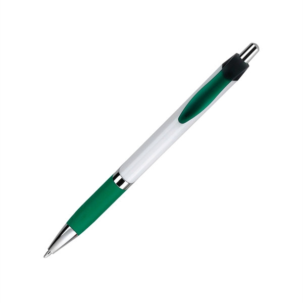 Retractable plastic pen - white barrel- chrome tip, ring and plunger-... from ASI 44368 ZZ DROPPED -Cedar Crest Manufacturing / Cedar Crest