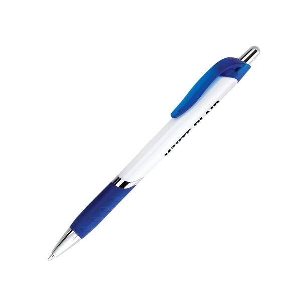 Retractable plastic pen - white barrel- chrome tip, ring and plunger-... from ASI 44368 ZZ DROPPED -Cedar Crest Manufacturing / Cedar Crest