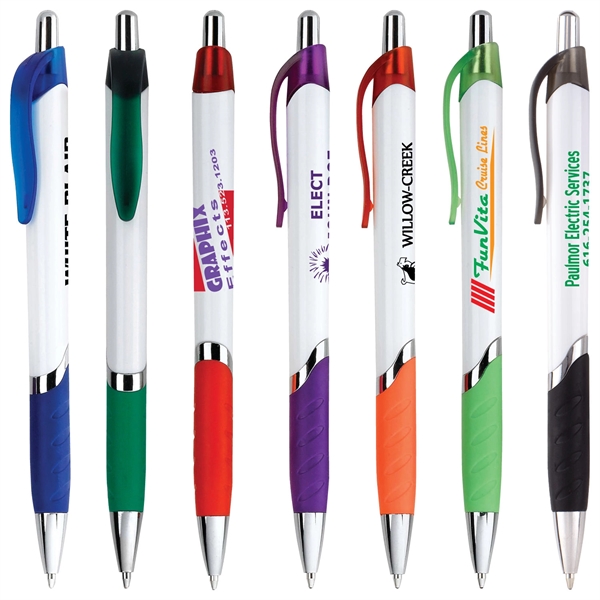 Retractable plastic pen - white barrel- chrome tip, ring and plunger-... from ASI 44368 ZZ DROPPED -Cedar Crest Manufacturing / Cedar Crest