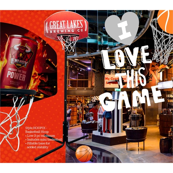 Basketball hoop with max height of 90"; includes basketball, decorated backboard... from ASI 76730 Peerless Umbrella Co Inc / Threads By Peerless