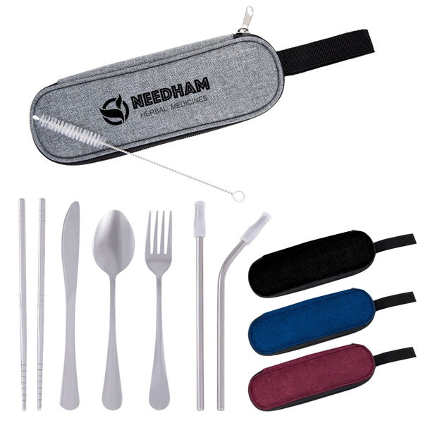 Stainless steel cutlery with chopsticks, fork, knife, spoon, and two straws... from ASI 61125 Hit Promotional Products / Hit®